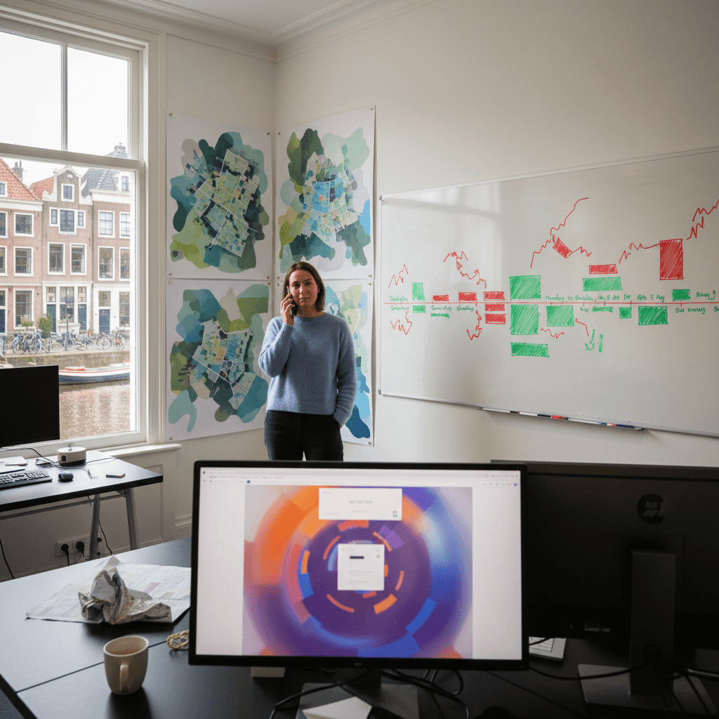 Tijdlijn van een week met pieken en dalen. Rode zones markeren 'kantoor gesloten maar hoge belactiviteit': zaterdagochtend, zondagmiddag, doordeweekse avonden. Groene zones zijn kantooruren. Visueel is duidelijk dat 40% van de belactiviteit in rode zones valt.