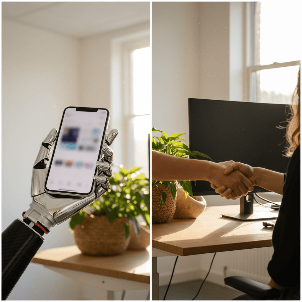 Een split-screen visualisatie: links een koude, steriele robothand aan de telefoon, rechts een warme handdruk tussen mens en technologie. Belgische vlagkleuren subtiel verwerkt.