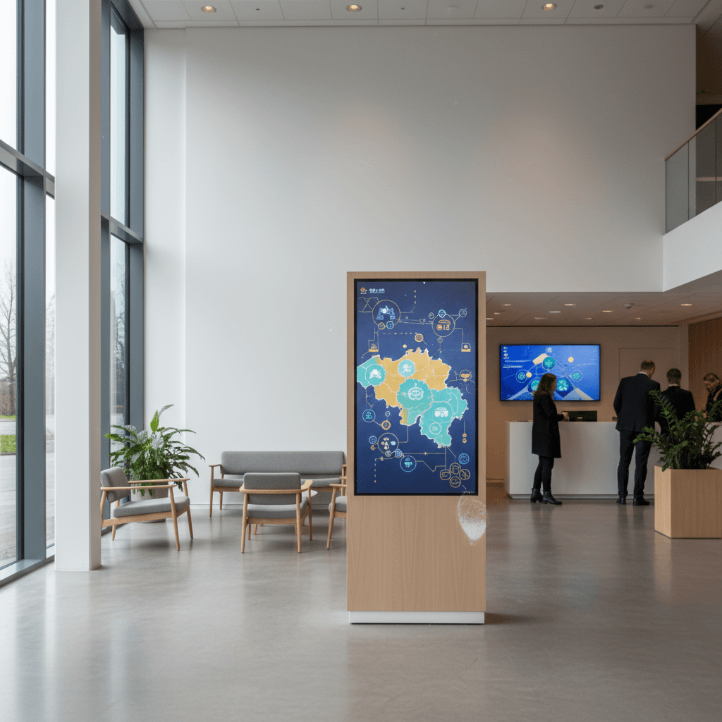 Een infographic met de Belgische kaart, waarop de drie taalgebieden zijn aangegeven met AI-iconen die naadloos verbonden zijn. Subtiele verwijzingen naar de 12 ethische richtlijnen.