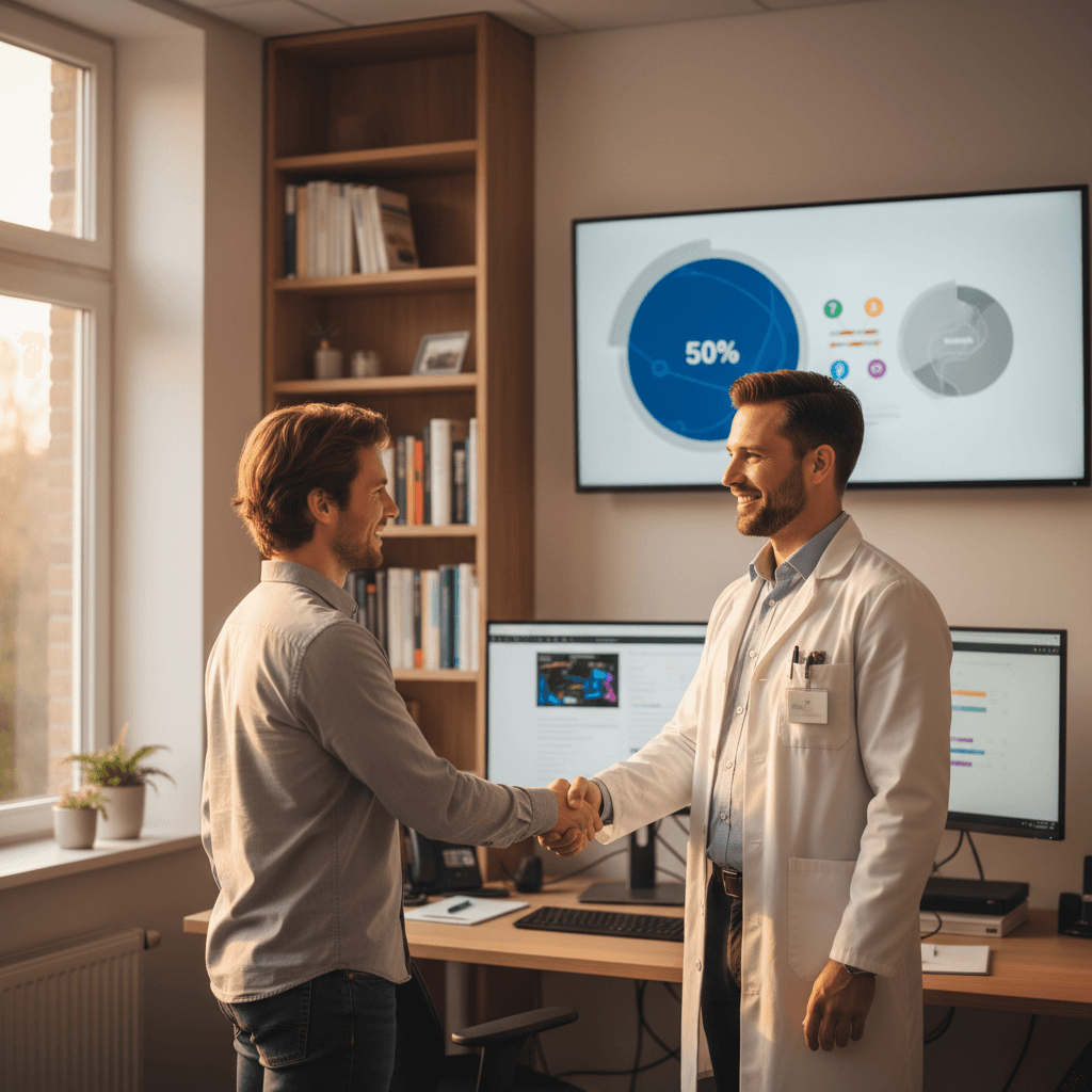 Infographic met twee cirkels: 'Wil AI implementeren' (50%) versus 'Heeft AI geïmplementeerd' (klein percentage), met daartussen een kloof gevuld met vraagtekens en barrière-iconen
